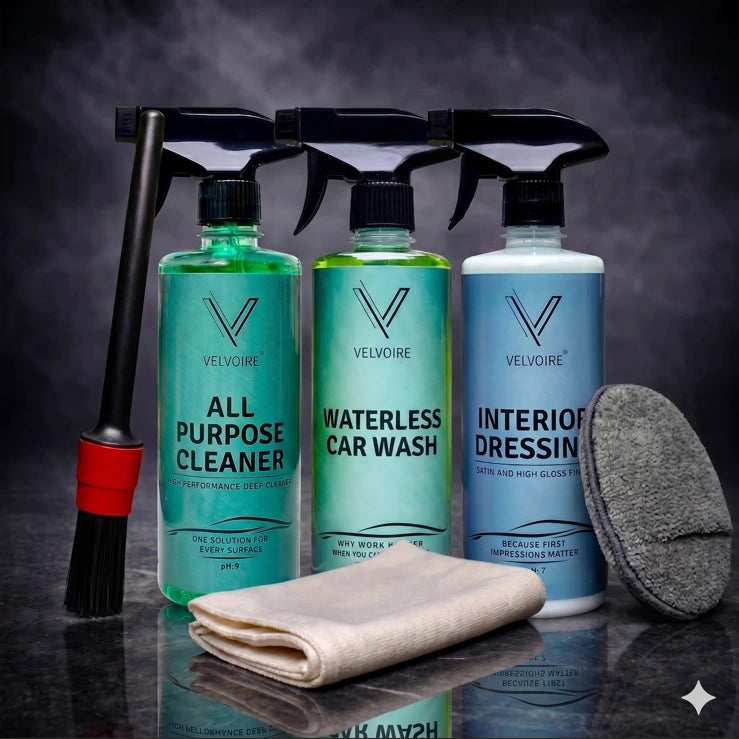 All Purpose Cleaner + Interior Dressing + Waterless Car Wash + Applicator Pad + Detailing brush + 1 Microfiber Cloth