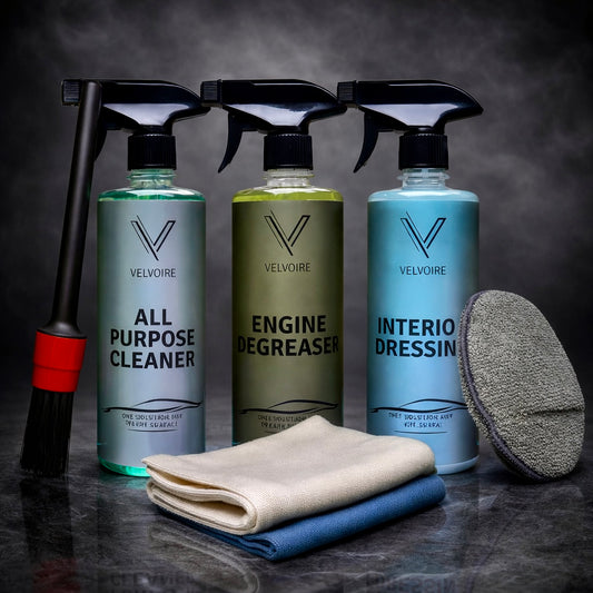 All Purpose Cleaner + Engine Degreaser + Interior Dressing + Detailing Brush + Applicator Pad + 1 Microfiber Cloth