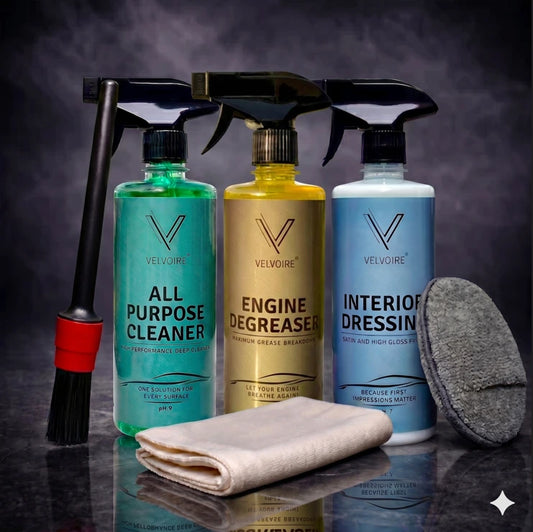 All Purpose Cleaner + Engine Degreaser + Interior Dressing + Detailing Brush + Applicator Pad + 1 Microfiber Cloth