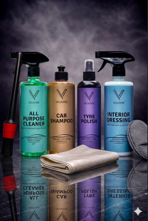 All Purpose Cleaner + Car Shampoo + Interior Dressing + Tyre Polish + Detailing Brush + Applicator Pad + 1 Microfiber Cloth